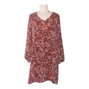 MSK Floral Midi Shift Flowy Dress V Neck Tie Back Sheer Sleeves